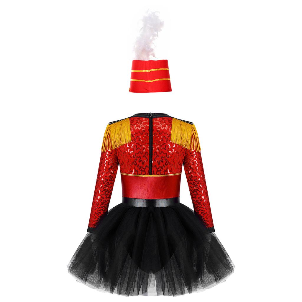 Kids Honor Guard Costume Long Sleeve Tassel Shoulder Zipper Tutu Leotard Feather Hat Ceremonial Dress Up Outfit