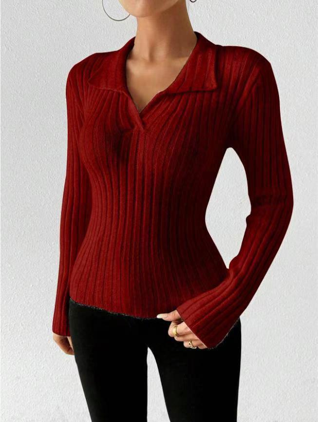 2025 Autumn/Winter Women s Slim Fit V-Neck Long Sleeve Ribbed Brushed Top. S красный