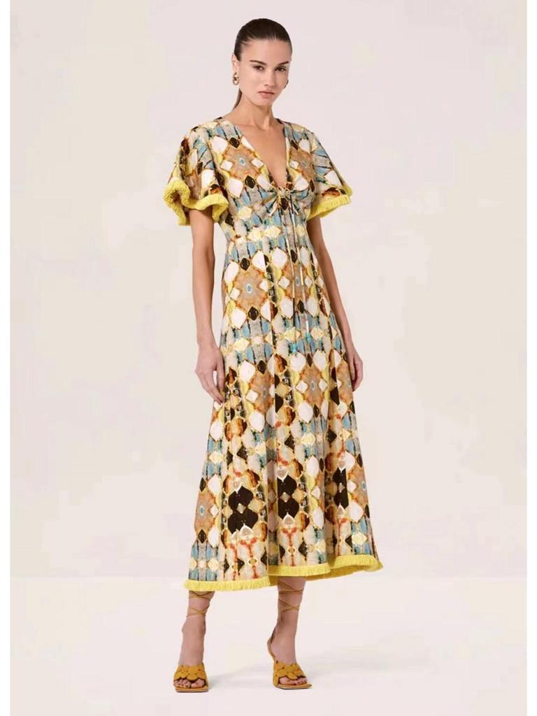 Women's 2023 Autumn V-Neck Tassel Splice Backless Long Dress with Lace-Up Waist