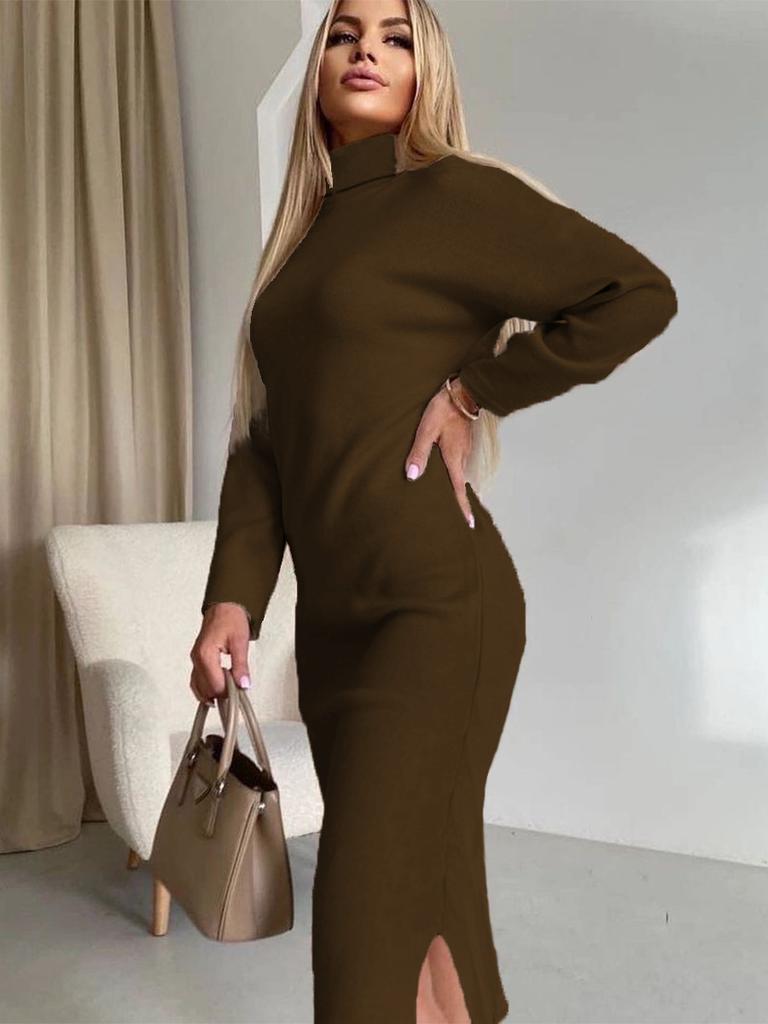 Samt-Rollkragen-Hemd für Damen Herbst und Winter Neues Kleid mit langem Schlitz für Damen