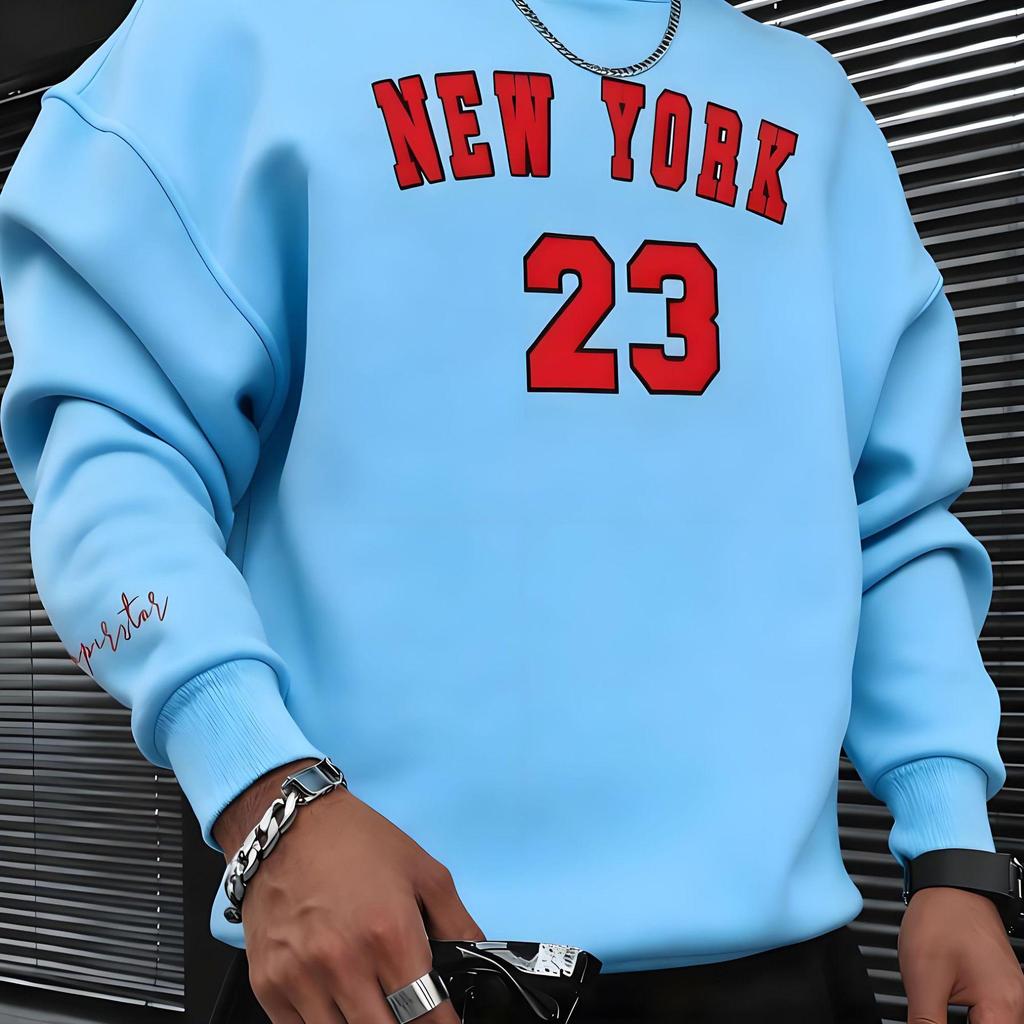 Men's Fashion Trend Casual Long Sleeve Round Neck Pullover Hoodie with Velvet Print for Winter