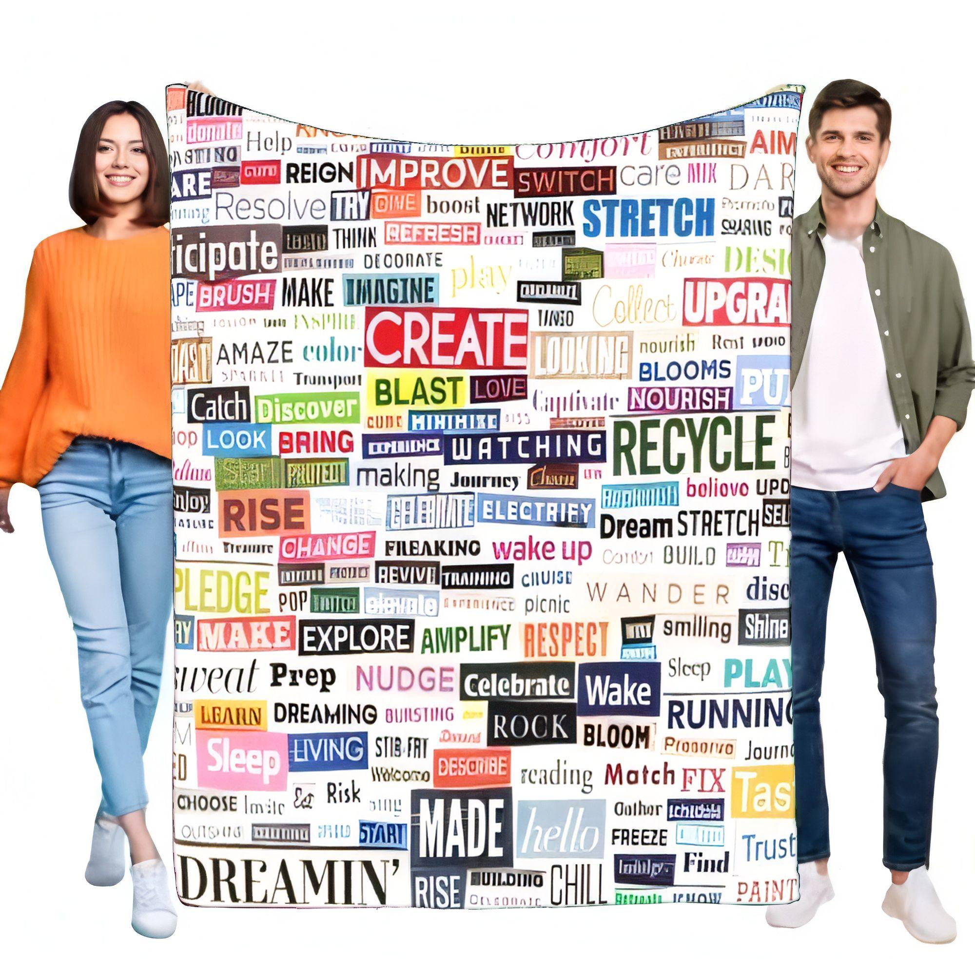 Motivational Word Art Blanket, Soft Cozy Throw for Bed Sofa, Unique Magazine Collage Inspirational Gift for Teens Adults Student 75X95CM