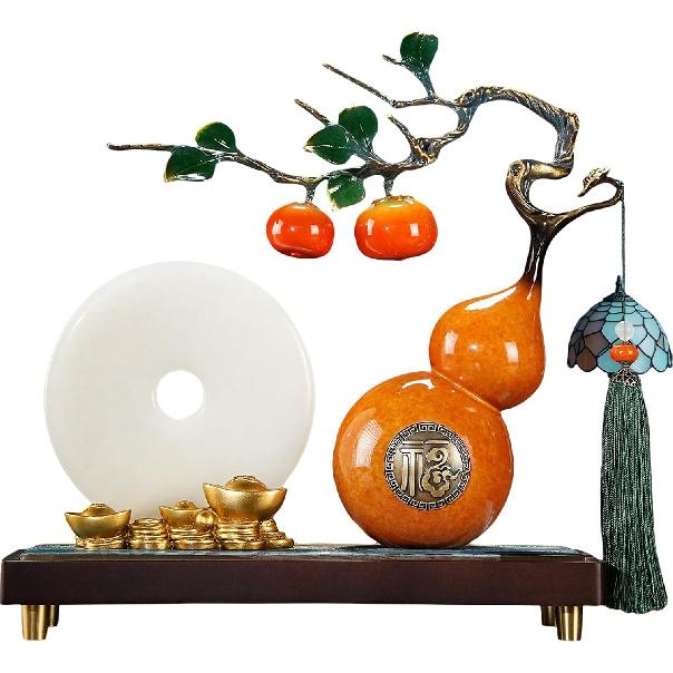 Aris & Juno Chinese Lucky Copper Calabash Statue with Jade Pingan Buckle - 13.7" Feng Shui Decor for Wealth & Fortune