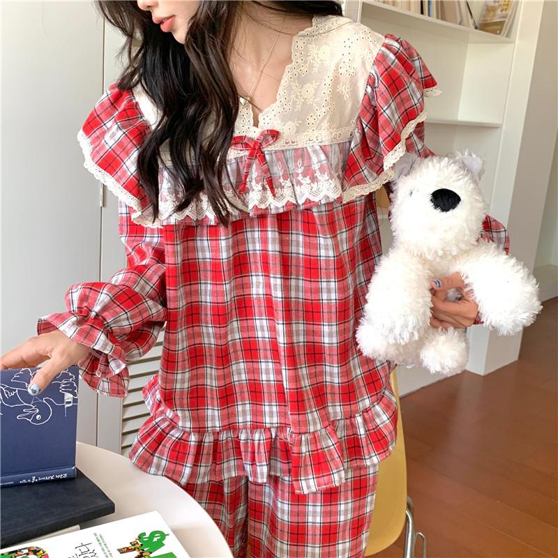 Warm Ins Winter Autumn Long Sleeve Sweet Plaid Pajamas Set Women Lace Couple Set Princess Long Sleepwear Cotton