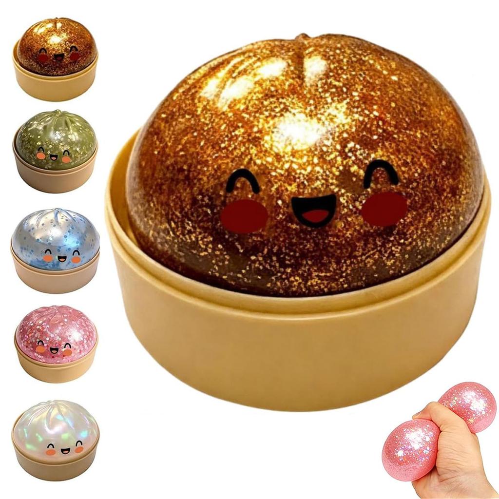 Glitter Dumpling Squishy with Steamer Box, Stress Relief Squeeze Fidget Toy, Glitter Mystery Dumpling Relaxation Toy for Adults, 5 Color Options