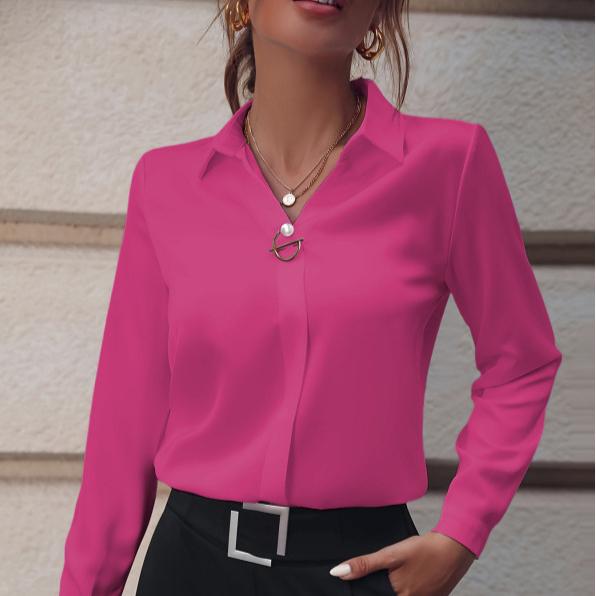 

Женская рубашка с лацканами, длинным рукавом, декорированная искусственным жемчугом, рубашка стандартного кроя, однотонная, простая, легкая блузка M