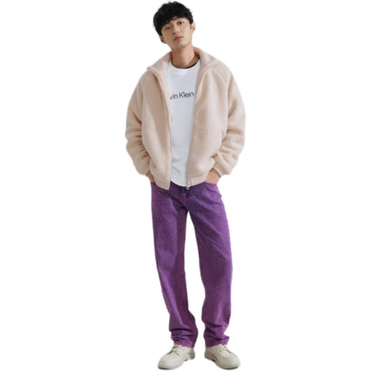 Calvin Klein Letter Embroidery Faux Shearling Stand Collar Jacket Men Jacket Off-White J324346-ACF