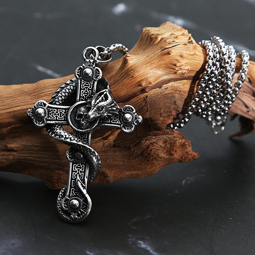 Vintage Dragon Skull Cross Pendant Necklace For Men Boys Punk Stainless Steel Chain Necklace Gothic Jewelry Party Gift