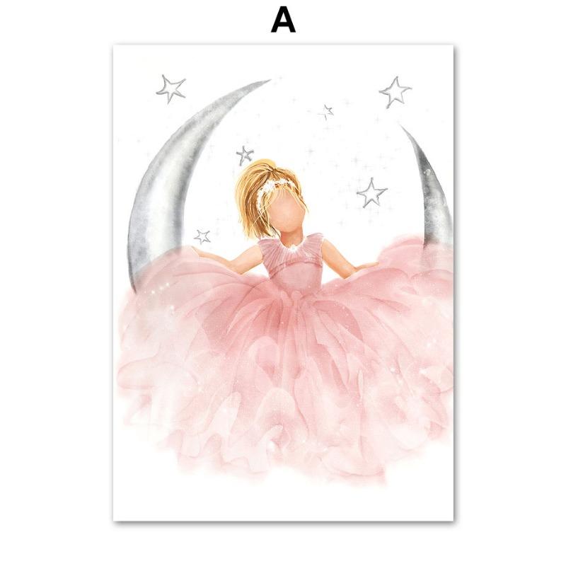 Rosa Engel Mädchen Sonne Mond Wolke Schwan Schloss Wandkunst Kinderzimmer Leinwand Malerei Nordische Poster Drucke Bilder Baby Kinderzimmer Dekor