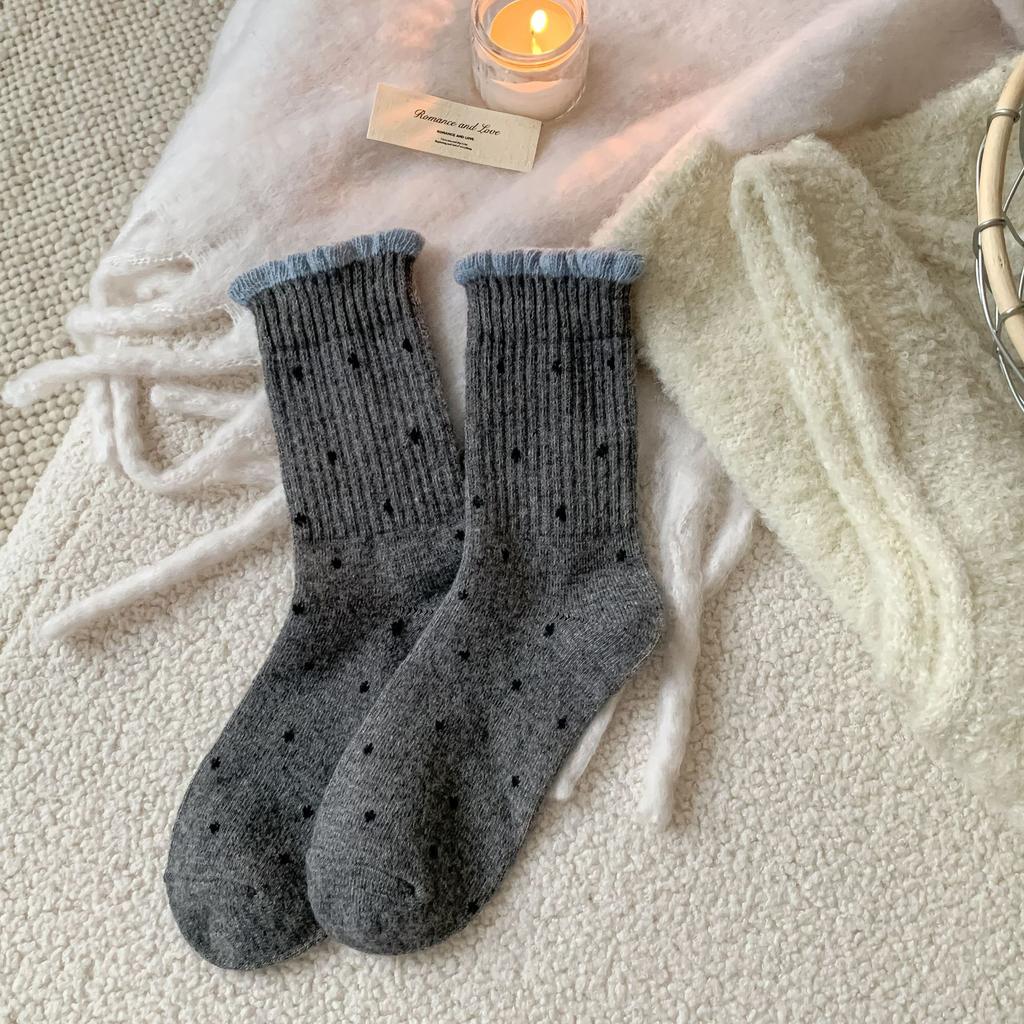 Polka Dot Socks Women'S Mid-Tube Socks Trendy Wool Versatile Lace Socks Warm Vertical Strips Stacked Socks