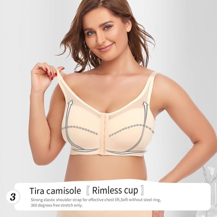 Fashionable Women's Underwear: Wire-Free Lace Bra with Large Cup Size, Front-Closure Design, Lightweight Style, Plus Size