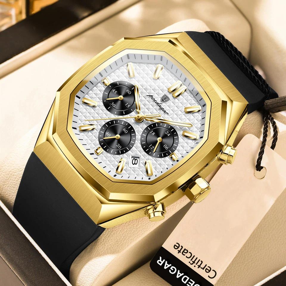 POEDAGAR Functional Watch for Men Date Chronograph Luminous Waterproof Silicone Classic Male Watch Quartz Original Watches