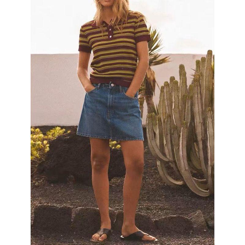 Za2025 Spring New Women clothes All-Match Striped Knitted Polo Shirt Collar Short sleeve Top 9598032 104