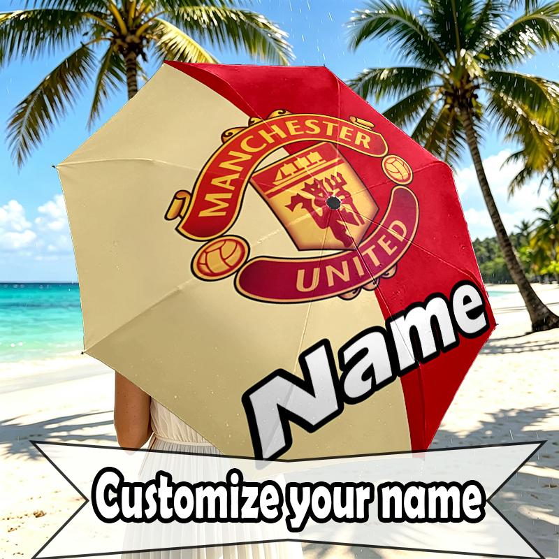 Custom Name Personalized Manchester Football F.C Print Umbrella, Auto Open Close, 8‑Rib Sturdy Frame, Commute Camping Hiking Use, Birthday Gift