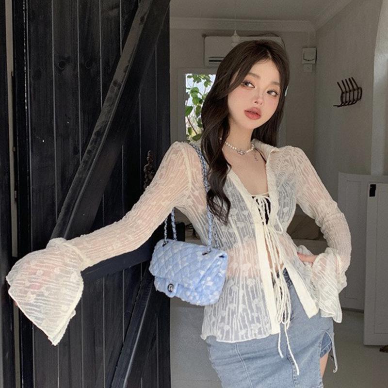 Women's Black Sheer Chiffon Sun Protection Shirt, Lace-Up Waist, Slimming Fit - Autumn 2026