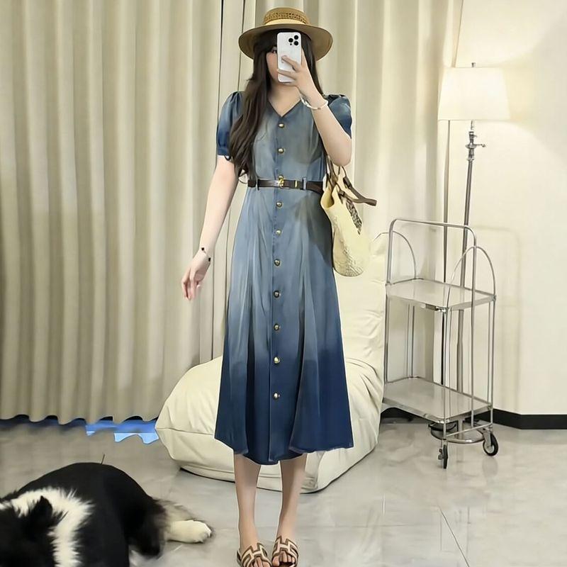 Plus-Size Women s Retro-Style V-Neck Single-Breasted Waist-Cinching Denim Dress 2026 Summer Slimming Long Dress Denim Skirt L
