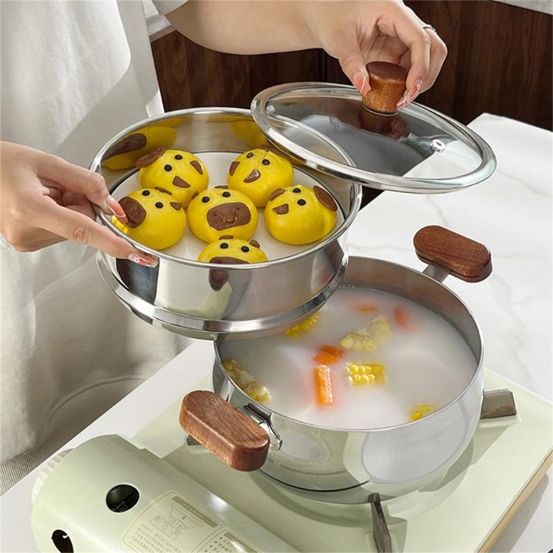 Premium 304 Stainless Steel Double Layer Steamer Pot with Wood Handle Suitable for Efficient and Even Cooking Experience