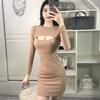Autumn and Winter Design Sense Hollow Long-sleeved Dress Female Spice Girl Style Sexy Slim and Thin Inner Hip Skirt Tide