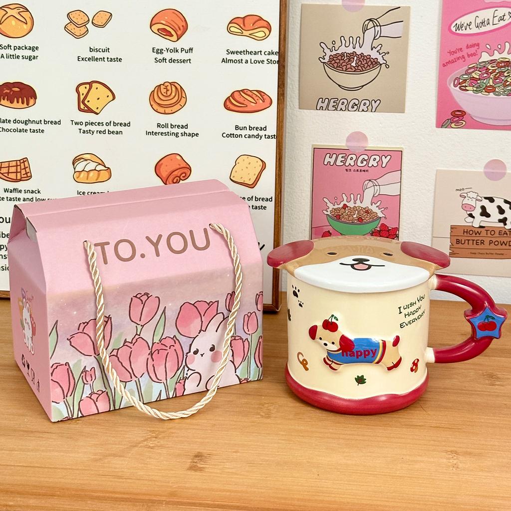 Smart Dachshund Dog Ceramic Cup Mug with Lid Student Water Cup Home Souvenir Birthday Gift Couple Cup