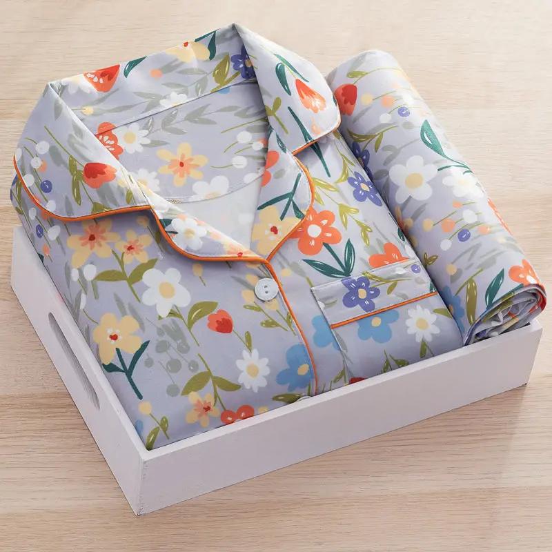 Damen Pyjama Set Druck Langarm Hose Studenten Süße Homewear Zweiteiler Cardigan Revers Mode Damen