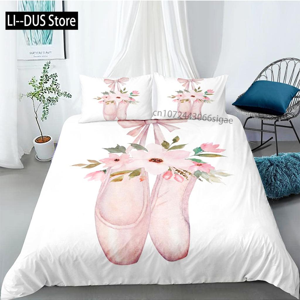Ballett Bettbezug Set King Mikrofaser Ballett Accessoire Schuhe Kleid Bettwäsche Set für Mädchen Rosenblätter Sommerstil Steppdecke