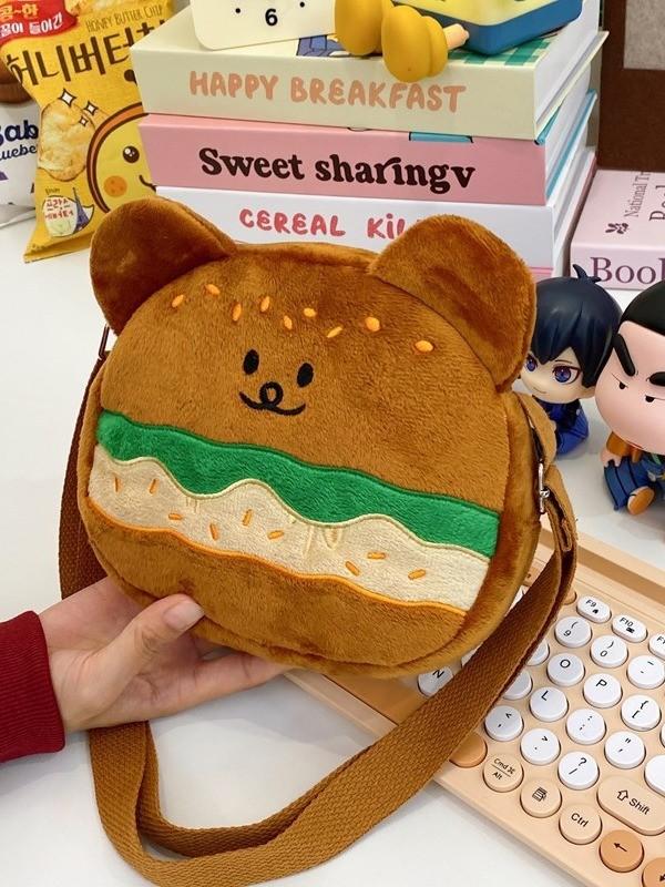 Soft Velvet Hamburger Bear Crossbody Bag With Embroidery For Daily Use