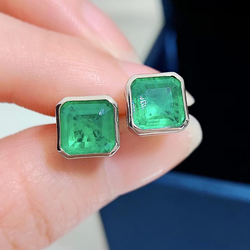 Lulu Tong Simulated Emerald Cut Stud Earrings, 3 Carat Bezel Set in Silver - European & American Style (2022)