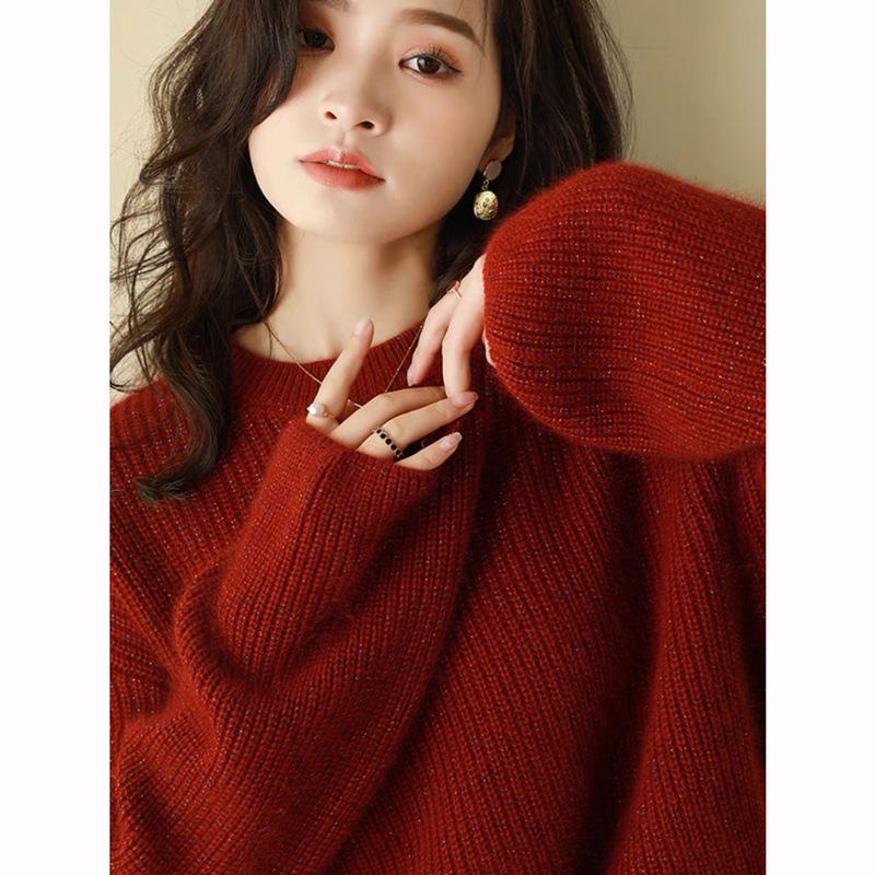 Autumn Winter Women's Loose Lurex Sweater - 100% Pure Wool, Red Round Neck, Trendy Lazy Style