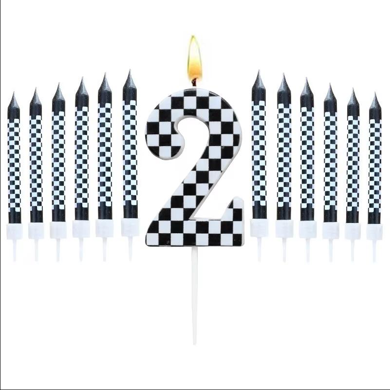 1/6/12/13 Pcs Racing Cars Themed Birthday Candles Black and White Race Number Checkered Candle Cake Topper for Racing Car Party