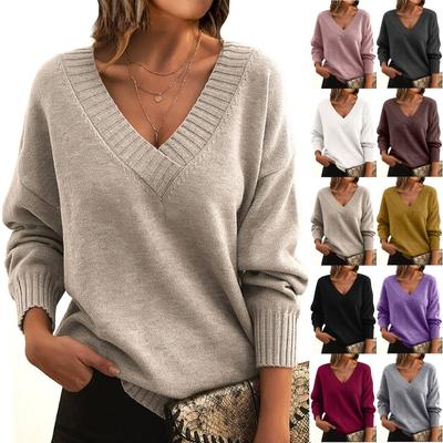 Spring Autumn Women Clothing Sexy V Neck Jumpers Solid Long Sleeve Pullovers Knitted Sweater Solid Loose Fit Sweaters