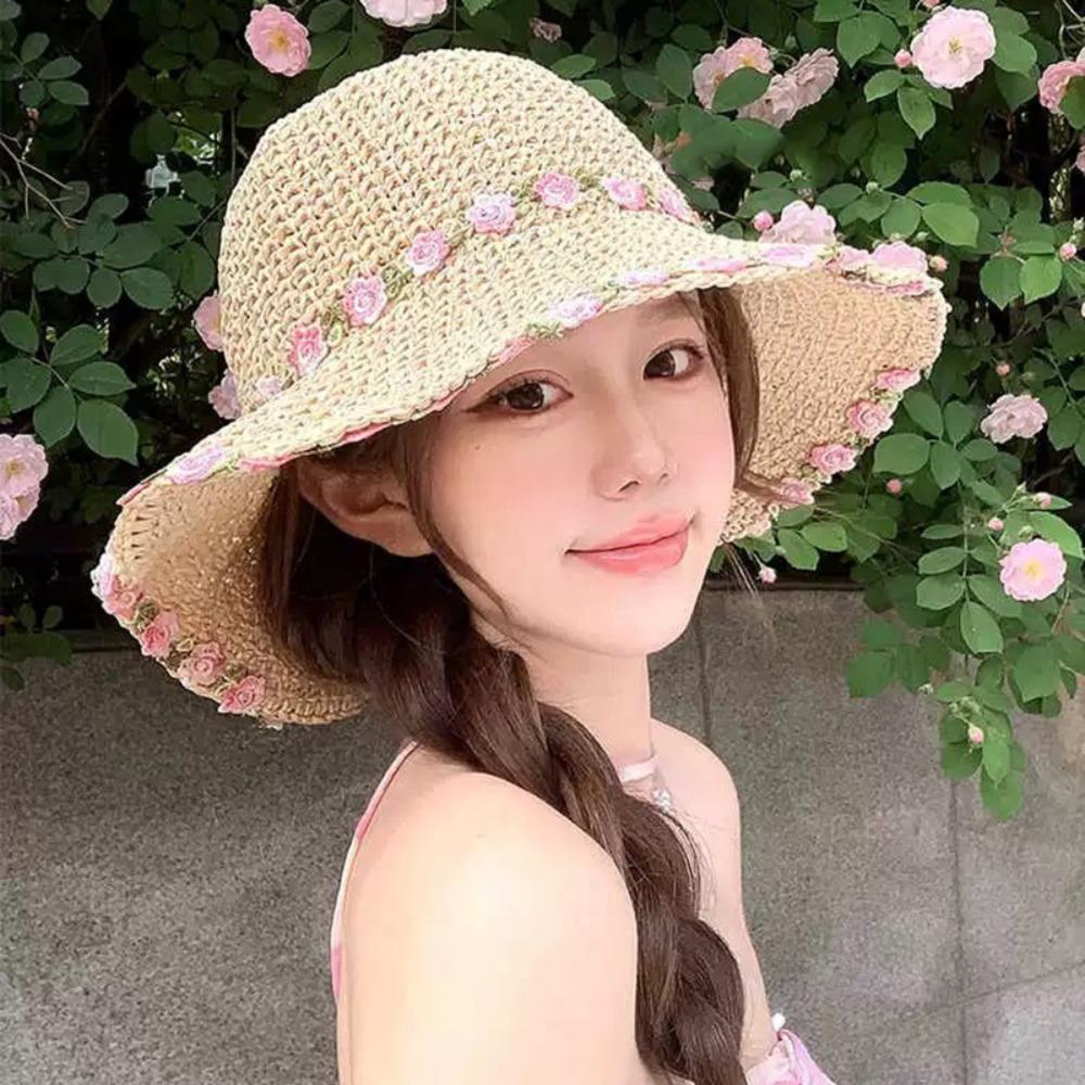 Wide Brim Beachside Sun Hat Fishing Cap Summer Beach Hat Flower Lafite Straw Hat  Outdoor