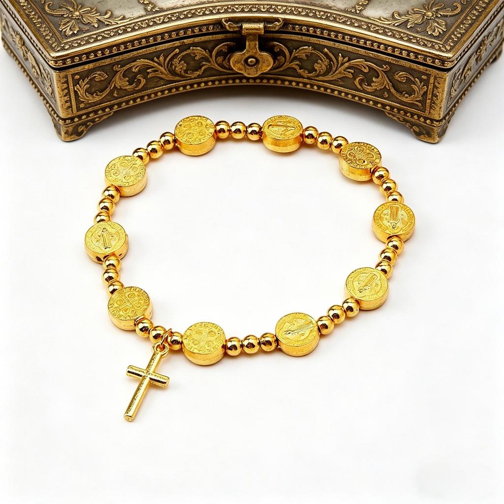 Gold Beaded Elastic Bracelet with Alloy Disc and Cross Pendant