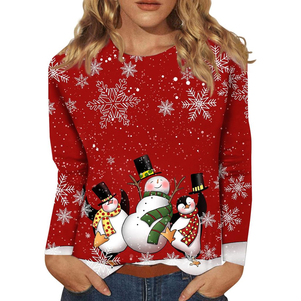 Women's Fashion Casual Long Sleeve Christmas Print Round Neck Pullover Top Blouse