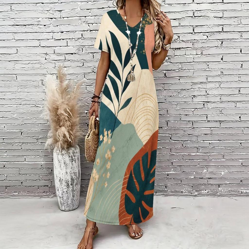 Women Plus Size V Neck Short Sleeve Printed Straight Long Dress
