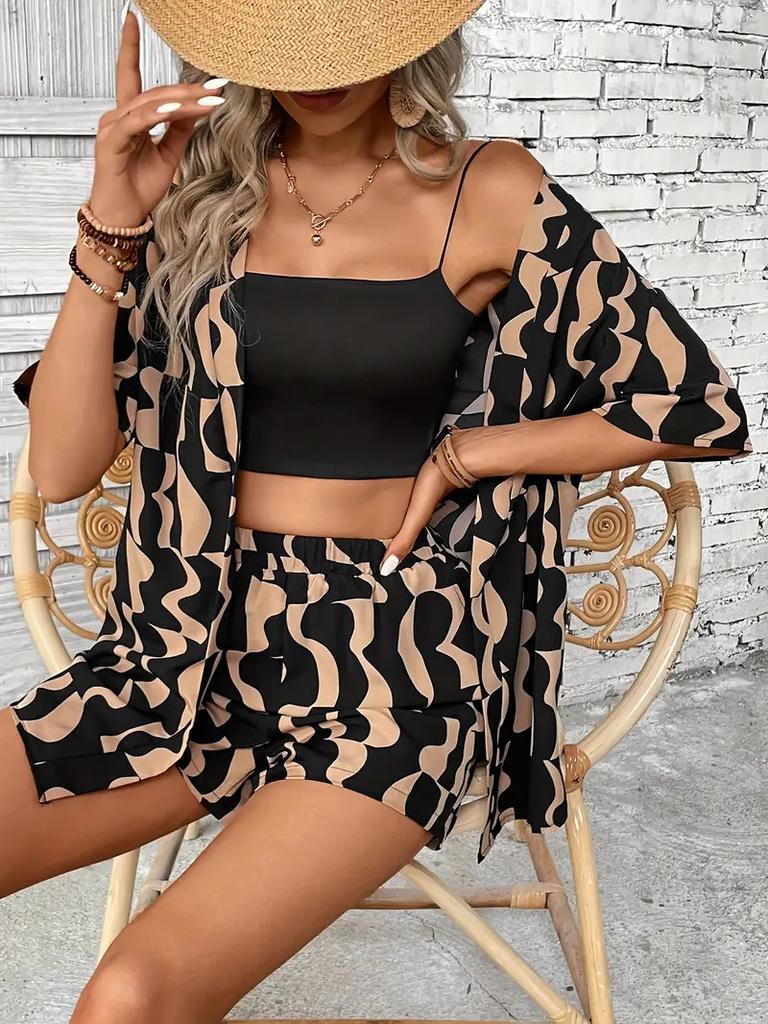 Summer popular printing elegant two-piece shirt short-sleeved top strap-up high-waisted shorts vacation style