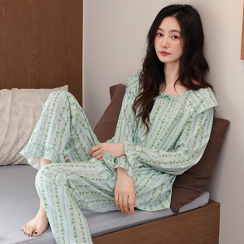 

Pajamas women s spring and autumn pure cotton long-sleeved autumn new cotton women s casual loose loungewear set with chest pads M recommendation 40-50kg
