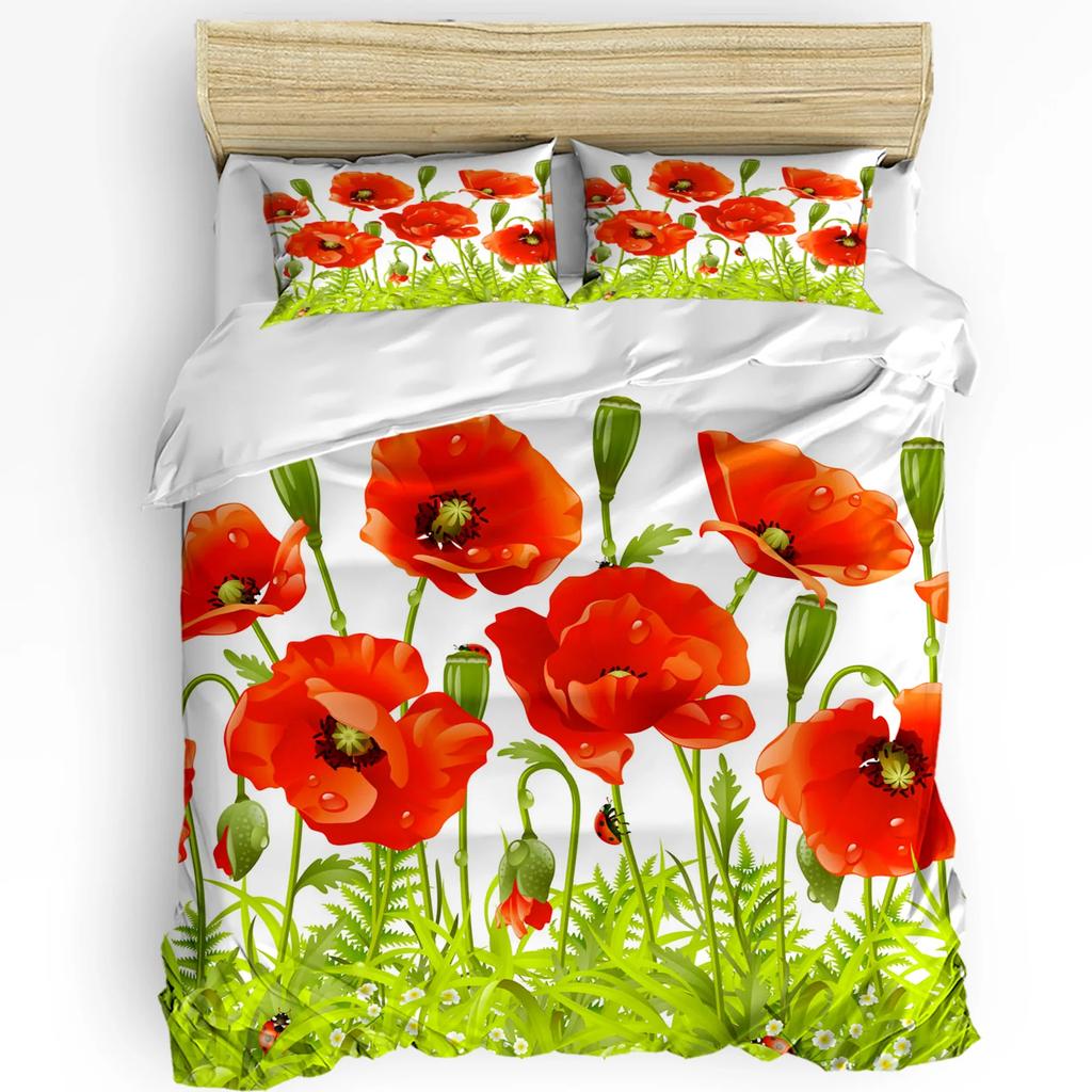 Floral Bedding Set Comforter Duvet Cover Pillow Shams Poppies Of Spring Season Pastoral Flowers Bot Bedding Cover Double Bed Set