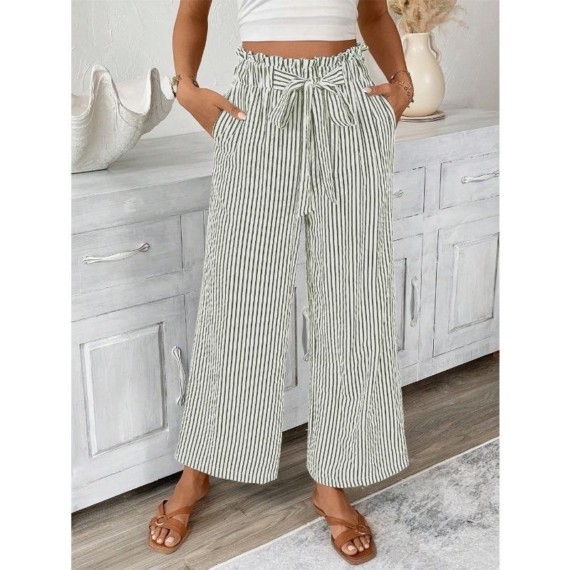 Jaro a Léto Nové Evropské Americké Oblečení Pruhované Ležérní Elegantní Rovné Kalhoty pro Ženy