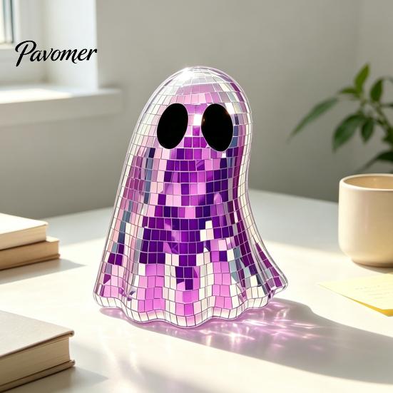 Reflective Mosaic Art Disco Ghost Tabletop Ornament, Iridescent Mirror Figurine, Retro Holiday Atmosphere Ornament Halloween Party Decor, Cute Spooky