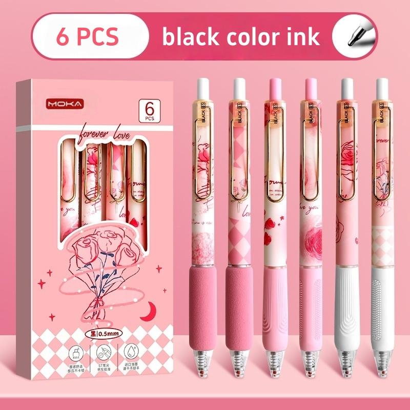 6pcs Rose And Time Gel Pens Set Forever Love Romantic 0.5mm Ballpoint Black Color Ink for Writing School A3090