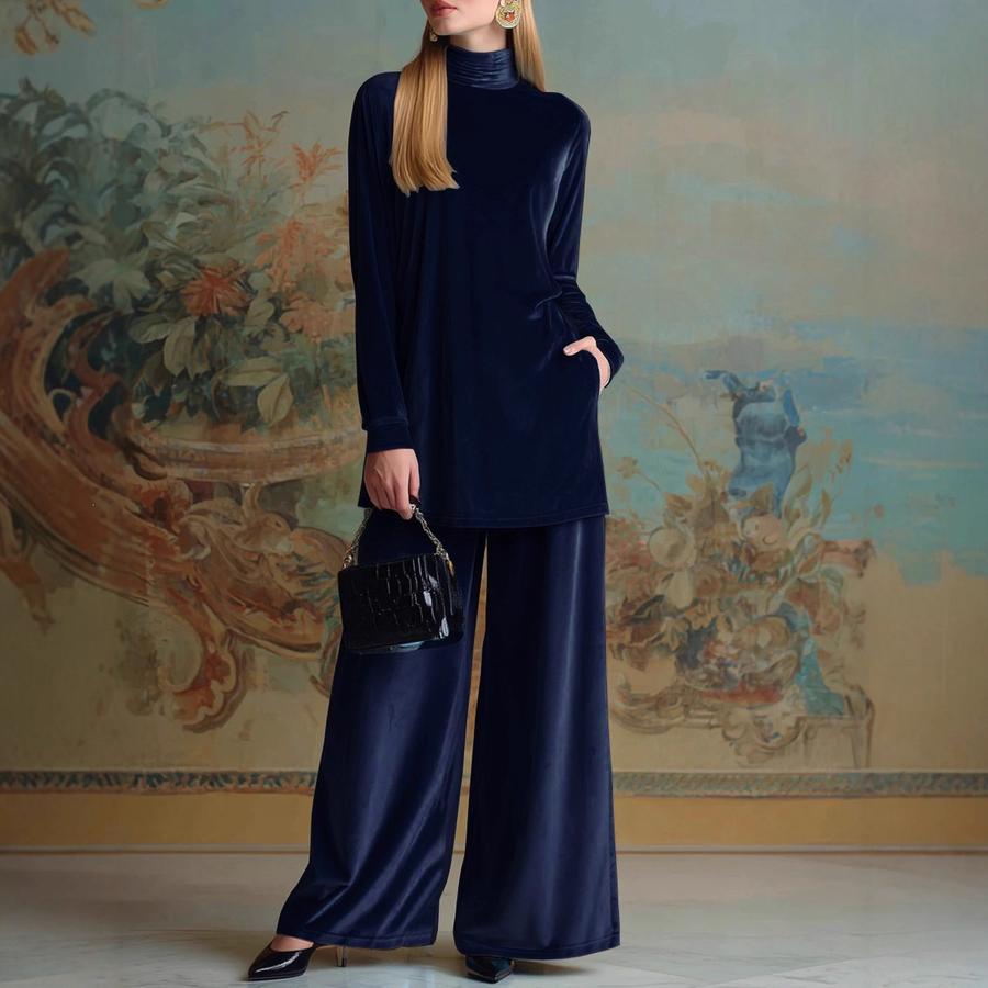 Fall Winter Chunky Velvet Loose Fit High Neck Ripped Hem Top Wide Leg Pants Set
