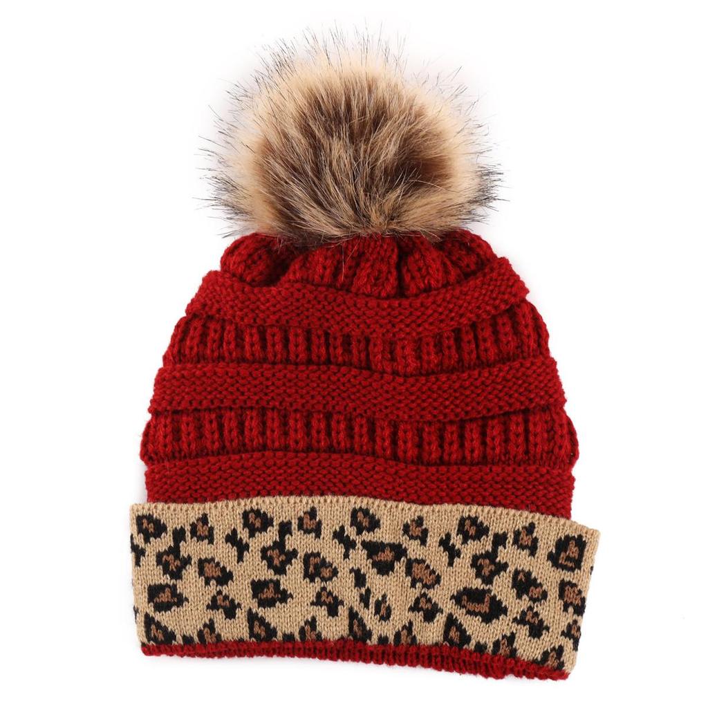 Fashion Winter Leopard Women's Hat Warm Knitted Beanies Cap For Women Girl Pom Pom Thick Lady Female Cap Hat With Hair Ball