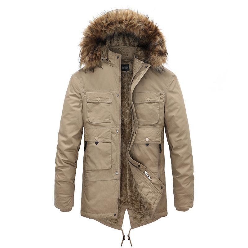 Winter Solid Color Velvet Mid-length Men's Washed Cotton Coat with Hooded Fur Collar and Detachable Multi-pocket Cotton Coat