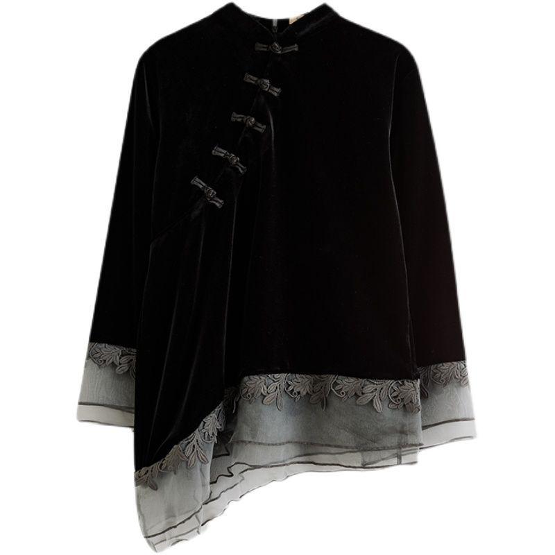 New Spring and Autumn Chinoiserie Style Stand Collar Button Slant Placket Lace Jacquard Long Sleeve Velvet Cheongsam Top