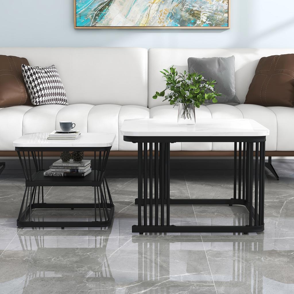 N625P173136Z)2-delat set moderna sidobord, MDF i marmorutseende, stålrör vit högglans svart, mått 65x65x45 cm och 45x45x39,5 cm