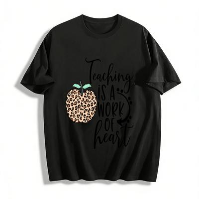 Leopard Print Apple Work of Heart Teacher Themed Casual Top Pure Cotton T-shirt