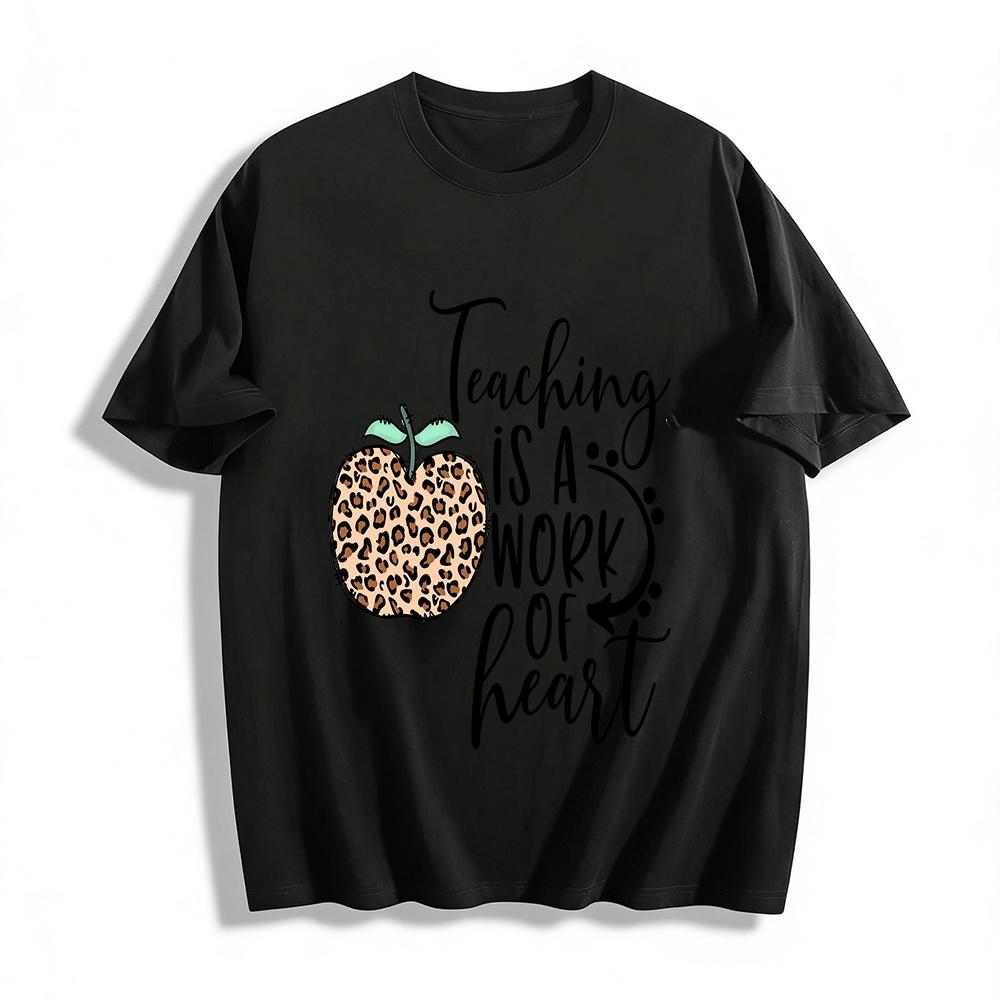 Leopard Print Apple Work of Heart Teacher Themed Casual Top Pure cotton T-shirt XXS