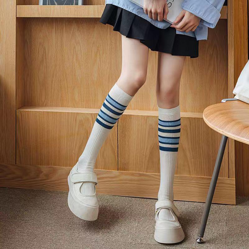 Women Stockings Knee High Colorful Stripe Long Socks Thin Summer For Lady Girls Student Socks School Party Comfortable Knee Sock