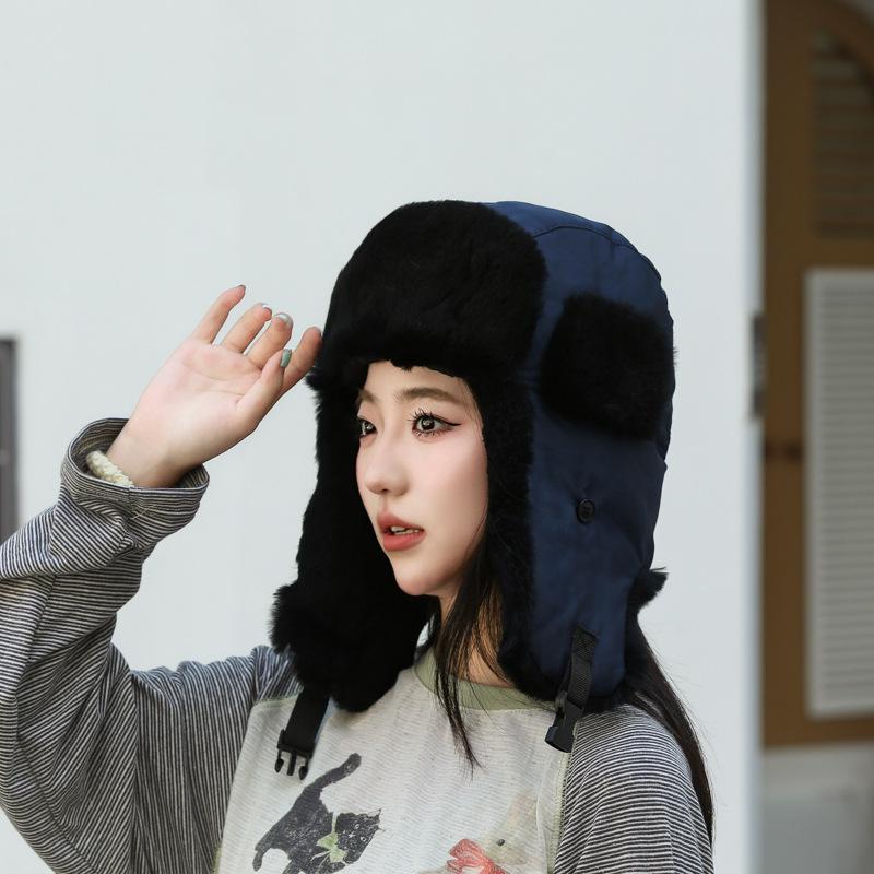 Real rabbit fur winter windproof ear protection cotton hat cycling warm hat outdoor skiing cold hat
