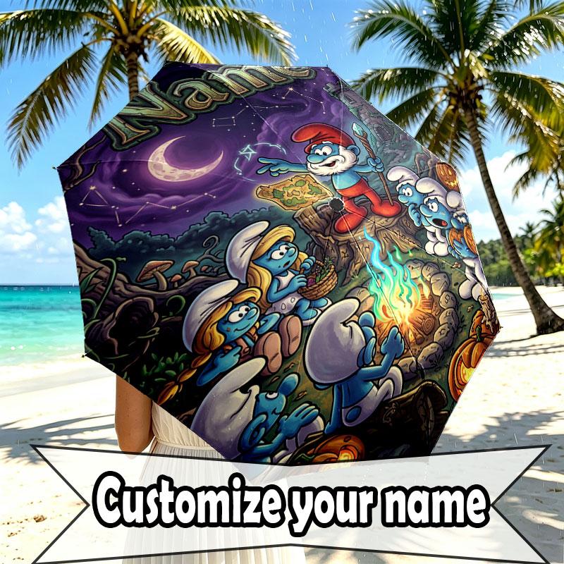 Custom Name Personalized The Smurfs Print Umbrella, Auto Open Close, 8‑Rib Sturdy Frame, Commute Camping Hiking Use, Birthday Gift